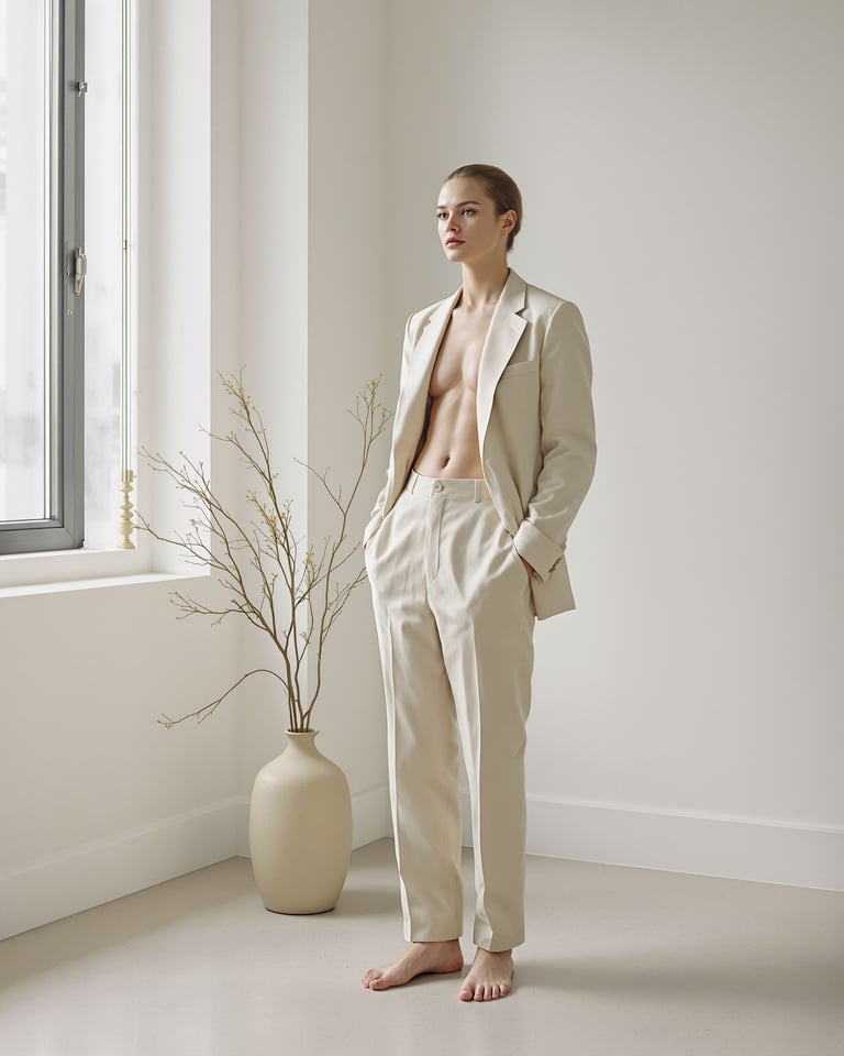 Traje minimalista de lino color avena en un espacio de galería