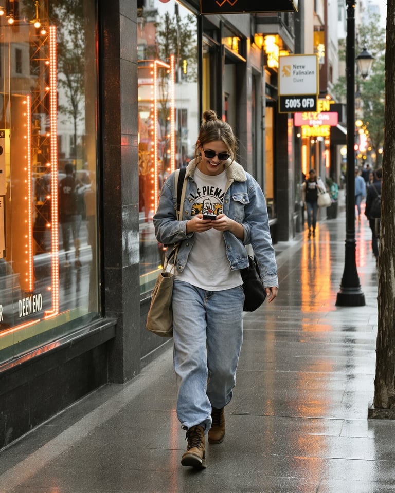 Denim de calle en una acera urbana mojada a la hora dorada